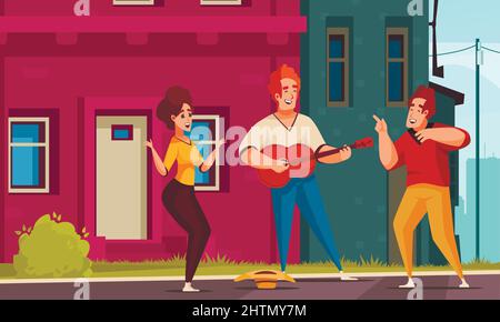 Street Musiker Gitarre Komposition mit Outdoor-Stadtkulisse und Mann spielen Gitarre mit Hut und Freunde Vektor-Illustration Stock Vektor