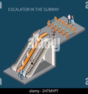 U-Bahn U-Bahn-Zugang mit Drehkreuze Fahrtgate Passagiere steigt Treppen und Rolltreppe isometrische Vektor-Illustration Stock Vektor