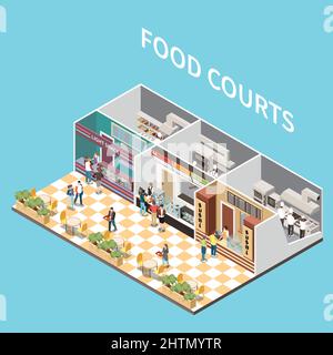 Einkaufszentrum Flughafen Take Away Cafe Food Courts isometrische Ansicht mit Anordnung Mahlzeiten Personal Kunden Vektor-Illustration Stock Vektor