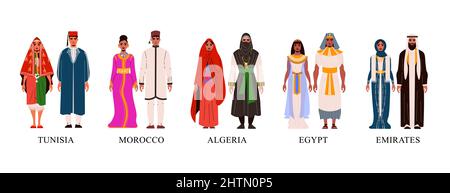 Flache Symbole mit Figuren, die afrikanische Nationalkostüme tragen, isolierte Vektorgrafik Stock Vektor