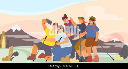 Freunde nehmen ein Selfie während der Reise in den Bergen flache Vektor-Illustration Stock Vektor