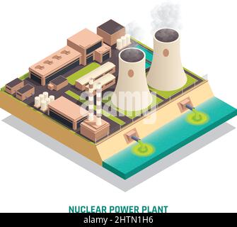 Toxische Abfälle nukleare chemische Verschmutzung biomotorisches isometrisches Konzept mit Vektorgrafik für den Bau von Kernkraftwerken Stock Vektor