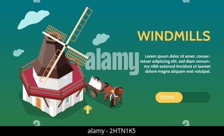 Arbeiten Windmühlen isometrische horizontale Website-Banner mit kommerziell betrieben Smock Mühle in schönen Landschaft Hintergrund Vektor-Illustration Stock Vektor