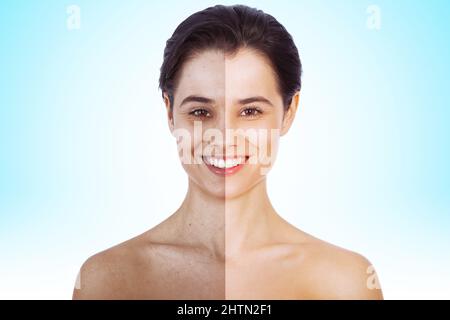 Vorher und nachher. Vor und nach dem Porträt einer attraktiven jungen Frau - Querschnitt. Stockfoto