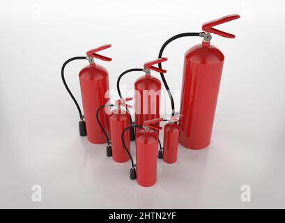 3D Feuerlöscher auf weißem Hintergrund Stockfoto