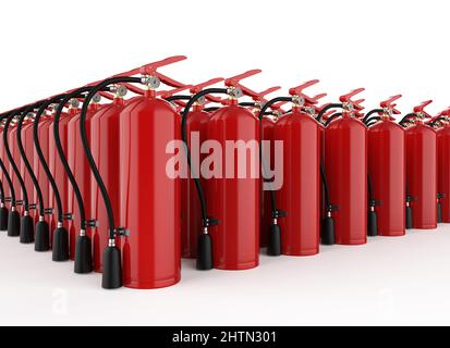 3D Anzahl der Feuerlöscher in einer Reihe Stockfoto