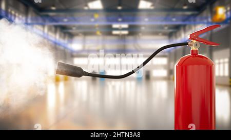 3D Feuerlöscher Sprühen im Werk mit Rauch Stockfoto