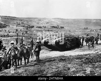 Schlacht von Fler-Courcelette. C' Company Mark I Tank, C.19 'Clan Leslie', im Chimpanzee Valley am 15. September 1916 gingen die Day Tanks erstmals während der Schlacht an der Somme in Aktion Stockfoto