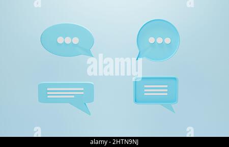Set aus 4 Chat-Bubble-Symbol oder Sprechblasen-Symbol auf blauem pastelligem Hintergrund. Konzept von Chat, Kommunikation oder Dialog. 3D Rendering-Illustration. Stockfoto