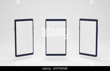 Smartphone-Mockup mit verschiedenen perspektivischen Ansichten. Mobile Bildschirme mit einem leeren Display auf weißem Hintergrund. 3D Rendern. Stockfoto