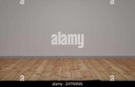 Zementwand und Holzboden. Leere, minimalistische Zimmereinrichtung. 3D Rendern Stockfoto