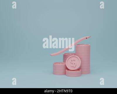 Pfeil- und Münzstapel auf rosa Hintergrund. Wachstum des finanziellen Erfolgs und Investieren des Geschäftskonzepts. 3D Darstellung rendern Stockfoto
