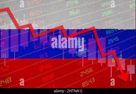 Wirtschaftskrise mit Pfeil nach unten in rot-negativem Gebiet über der russischen Flagge, die an die Wand gemalt wurde. Geschäft und Finanzmarkt tun Stockfoto