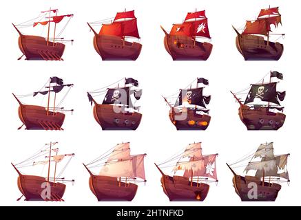 Piratenschiff und Galeone vor und nach der Seeschlacht. Kampf der Segelboote mit Kanonenfeuer. Vector Cartoon Satz von Holzschiffen mit gefalteten Segeln, mit schwarzer Flagge und gebrochen nach Wrack oder Angriff Stock Vektor