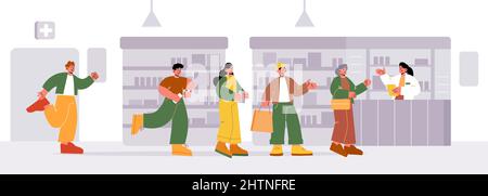 Gruppe von Menschen in der Warteschlange in der Apotheke. Kunden warten in einer langen Schlange an der Kasse im Drogeriemarkt. Vektor-flache Illustration des Apothekers Service ältere Frau, Käufer stehen in der Schlange, Mann beeilen sich Stock Vektor