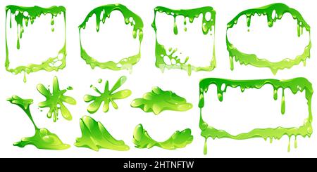 Grüner Schleimrahmen und Elemente isolierter Vektorsatz. Flüssigkeit giftig sickern Grenzen quadratische, Rechteck und runde Formen mit Blobs und Tropfen. Klebrige Goo-, Gelee- oder Sirup-Flüssigkeitssplatten, Cartoon-Illustration Stock Vektor