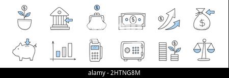 Finanzen, Bankanlage Doodle Ikonen Geldbaum im Blumentopf, Gebäude, Geldbörse mit Dollarmünze, Papierwährungsrechnungen, wachsende Pfeile, Geldsack, Sparschwein, pos-Terminal, Waagen Line Art Vector Set Stock Vektor