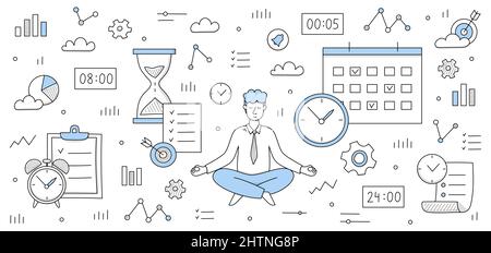 Zeitmanagement-Konzept mit Mann meditieren in Yoga-Pose und Ikonen von Uhr, Getriebe, Ziel und Kalender. Vector Doodle Illustration von Geschäftsmann entspannen und Zeichen der Uhr, Sanduhr und Grafik-Symbole Stock Vektor
