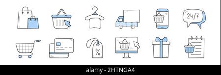 E-Commerce, Einzelhandel und Shopping-Doodle-Symbole. Papiertaschen, Wagen mit Pfeilzeiger, Kleiderbügel mit Kleidung, Lieferwagen, Smartphone, Kundenbetreuung, Trolley, Preisschild und Geschenkbox Line Art Vektor-Set Stock Vektor