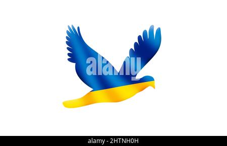 Ukraine Freiheit und Frieden mit Russland Invasion . Fliegende Taube mit ukrainischer Flagge auf weißem Hintergrund. Ukraine Liberty-Konzept Stockfoto