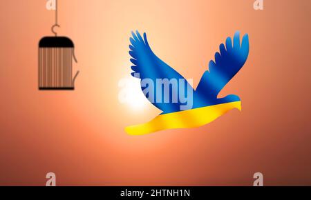 Fliegende Taube mit Ukraine-Flagge bei Sonnenuntergang. Konzept der ukrainischen Freiheit und des Friedens Stockfoto