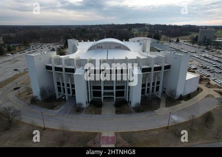 Eine Luftaufnahme der Simon Skjodt Assembly Hall auf dem Campus der Indiana University, Montag, den 1. März 2022, in Bloomington, Ind. Die Arena ist die Heimat von Stockfoto