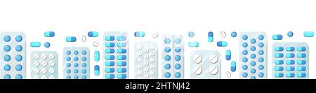 Medikamente. Nahtlose Illustration mit Pillen. Gleichzeitigkeit. Arzneimittel. Pharmazeutika. Krankenwagen. Apotheke. Isoliert auf weißem Hintergrund. Flach Stockfoto