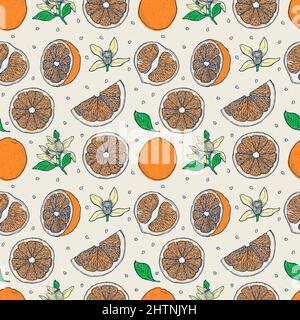 Tinte Hand gezeichnet nahtloses Muster von orangen Früchten. Kollektion von Lebensmittelelementen. Vintage-Skizze. Stock Vektor