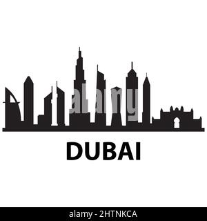 Skyline von Dubai auf weißem Hintergrund. Dubai City. Vereinigte Arabische Emirate Wolkenkratzer Gebäude Silhouette. UAE Stadtbild Zeichen. Flacher Stil. Stockfoto