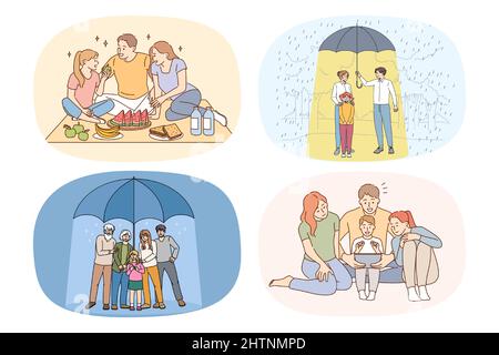 Set von glücklich liebenden Familie mit Kindern zeigen Einheit und Bindung in Beziehung. Ein Paket lächelnder Eltern und Kinder verbringen gemeinsam Zeit am Wochenende. Flache Vektorgrafik. Stock Vektor