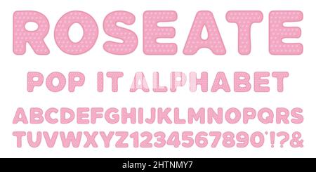 Pastellrosa popit-Alphabet und Zahlen im Fidget-Spielzeugstil. Pop it Schriftdesign als trendiges Silikonspielzeug für Fidget in zarter Farbe. Blasen Sie den Senso Stock Vektor