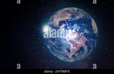 Der Erdplanet in einem endlosen Weltraum. Dunkles Sternenuniversum mit der Kugelkarte Sphalis Globe. Kosmos und Wissenschaft Stockfoto