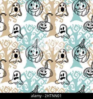 Nahtloser Hintergrund mit Halloween-Elementen im Doodle-Stil gezeichnet. Niedliche Geister und ein Kürbis. Monogame Halloween Hintergrund Stock Vektor