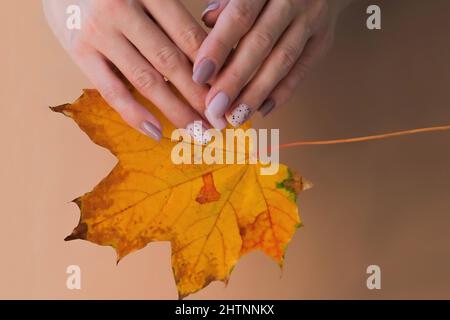 Frauen - Hände mit schöner Maniküre halten ein Herbstblatt. Herbst-Trend, polieren Sie die beige und Wachtel Muster auf den Nägeln mit Gelpolitur, Schellack. Cop Stockfoto