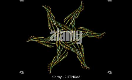 Abstrakte Animation von bunten Mustern aus kleinen Perlen, die sich drehen und auf dem schwarzen Hintergrund schweben. 3D Perlen-Dekorationen Stockfoto