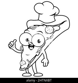 Cartoon Pizza Scheibe Figur mit einem Chefhut. Schwarz-Weiß-Malseite Stockfoto