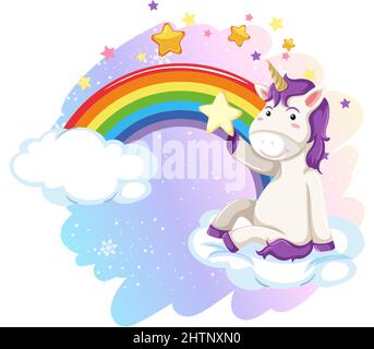Niedliches Einhorn auf einer Wolke sitzend mit Regenbogen-Illustration Stock Vektor