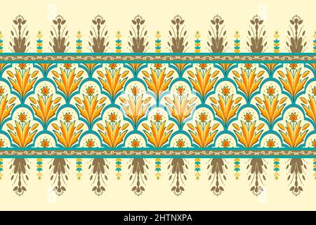 Gelbe Blume auf Elfenbein, Grün Teal Geometrische ethnische orientalische Muster traditionelle Design für Hintergrund, Teppich, Tapete, Kleidung, Verpackung, Batik, Stoff Stockfoto