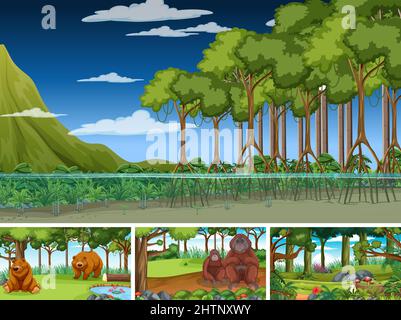 Szenen mit wilden Tieren im Wald Illustration Stock Vektor