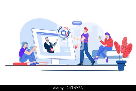 Online-Meeting- oder Business-Training-Konzept mit Menschen rund um riesigen Laptop. Webinar, Corporate Education- oder Fernseminar, Cartoon-Vektorgrafik Stock Vektor