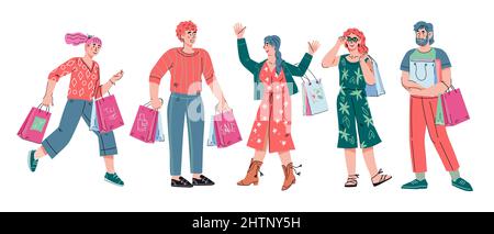 Glückliche Käufer oder Käufer, Männer und Frauen mit Einkaufstaschen, Cartoon-Vektor-Illustration isoliert auf weißem Hintergrund. Fröhliche Käufer, die pur machen Stock Vektor