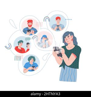 Teilen Sie Nachrichten über die mobile App und empfehlen Sie Freunde online-Konzept. Frau, die kommuniziert und Nachrichten an Freunde oder Kollegen sendet, Cartoon-Vektor-Illust Stock Vektor