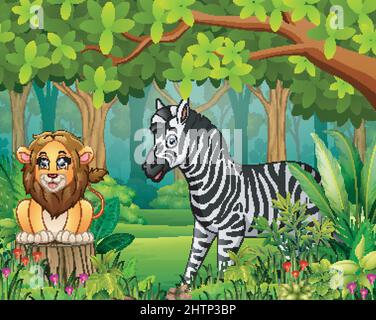 Landschaft Wald Karikatur von Grün im Frühjahr mit Tieren Stock Vektor