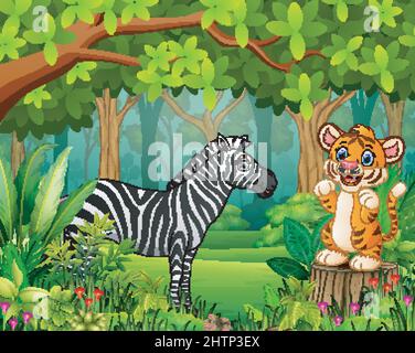 Happy wild Tier Cartoon in einem schönen grünen Wald Stock Vektor