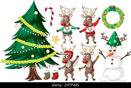 Weihnachts-Set mit Baum und Dekorationen Illustration Stock Vektor