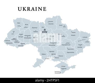 Ukraine, Landesunterteilung, graue politische Landkarte. Verwaltungsabteilungen der Ukraine mit Verwaltungszentren, einheitlicher Staat in Osteuropa. Stockfoto