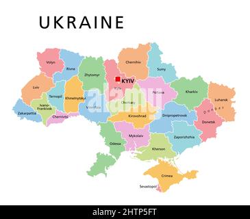 Ukraine, farbige Länderunterteilung, politische Landkarte. Verwaltungsabteilungen der Ukraine, mit Verwaltungszentren, Einheitsstaat in Osteuropa. Stockfoto