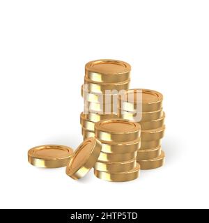 Realistischer Stapel von Goldmünzen isoliert auf weißem Hintergrund. Haufen Goldmünzen. Vektorgrafik. Stock Vektor