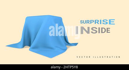 Quadratische Box mit realistischen blauen Seidenstoff isoliert auf hellem Hintergrund bedeckt. Überraschung im Inneren. 3D realistische Darstellung. Vektorgrafik. Stock Vektor