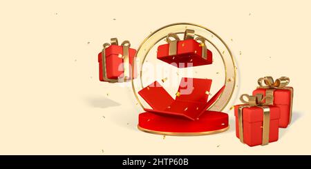 Bühne für Produkt auf dem Zylinder-Podium. Öffnen Sie die realistische Geschenkbox mit Schleife und Band. Überraschung im Inneren. Vektorgrafik. Stock Vektor